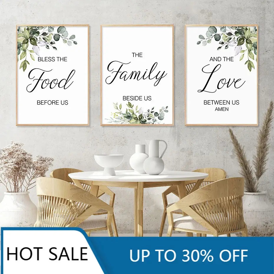 Three framed eucalyptus botanical love and bless wall art prints featuring elegant black cursive text on white backgrounds in light wood frames.