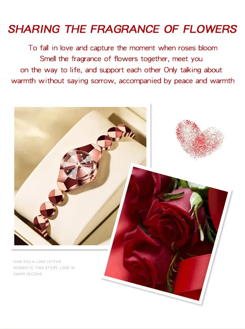 Rose gold luxe geometric faceted bracelet watch with diamond accents and a sleek modern design.