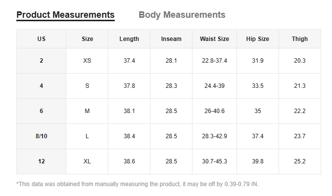 L’image présente un tableau des mesures du produit et du corps pour différentes tailles de leggings taille haute extensibles à imprimé animal, incluant les mesures de longueur, d’entrejambe, de taille, de hanches et de cuisse.