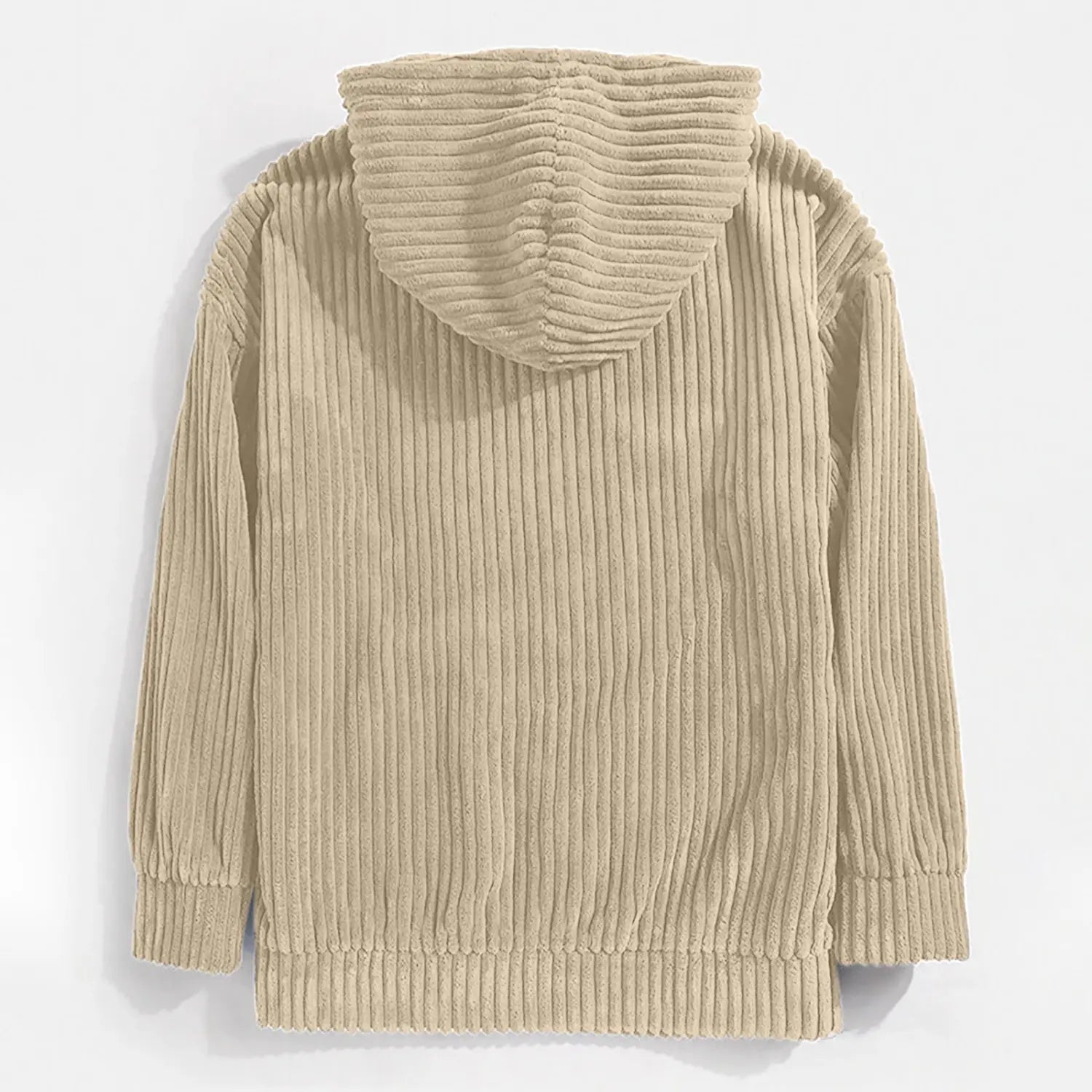 Homme : hoodie premium en velours côtelé à épaules tombantes beige, avec texture côtelée et capuche assortie.