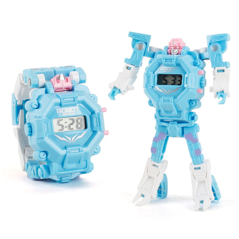reloj digital con temática de robot azul claro y blanco hecho de plástico resistente que se transforma en una figura de juguete a juego para niños, en el reloj de robot deformable para niños, juguete transformable, producto 2 en 1.