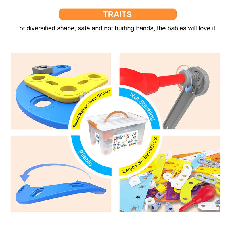 Colorful plastic engineering vehicle robot 10 in 1 building block set with interlocking pieces and tools in blue yellow red and gray.