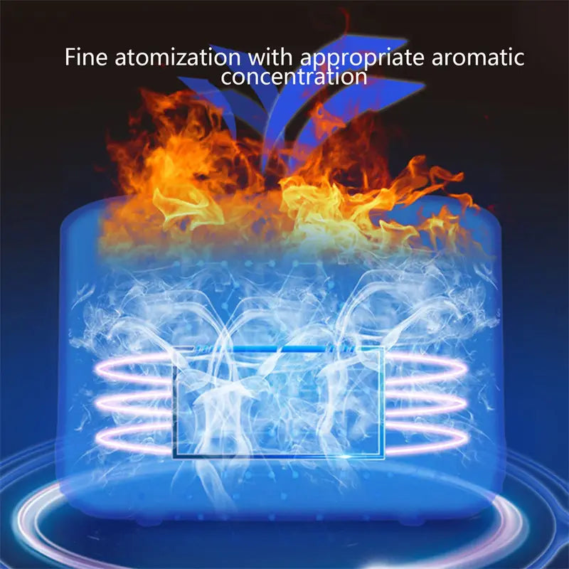 Blue rectangular ceramic Elk Flame humidifier Christmas oil diffuser with glowing internal coils and fiery orange vapor rising from its top.