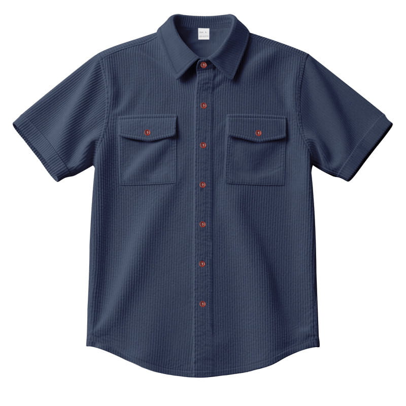 Navy blue loose corduroy short sleeve workwear shirt with vertical ribbed texture and red buttons.