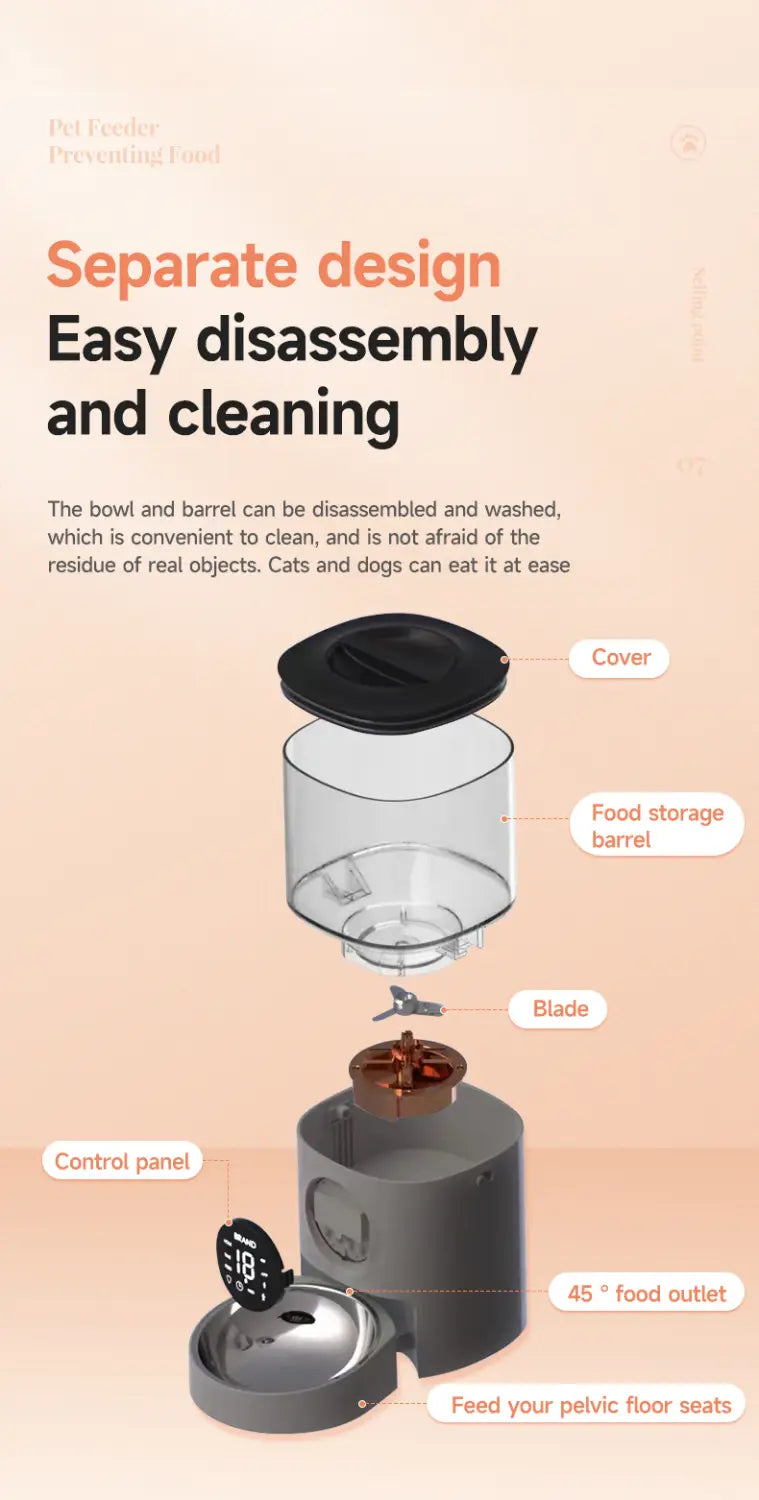 Distributeur pour animaux domestiques intelligent Wi-Fi gris et noir pour chats et chiens avec barillet transparent de stockage des aliments, couvercle amovible, mécanisme à lame et orifice de sortie des aliments à 45 degrés.