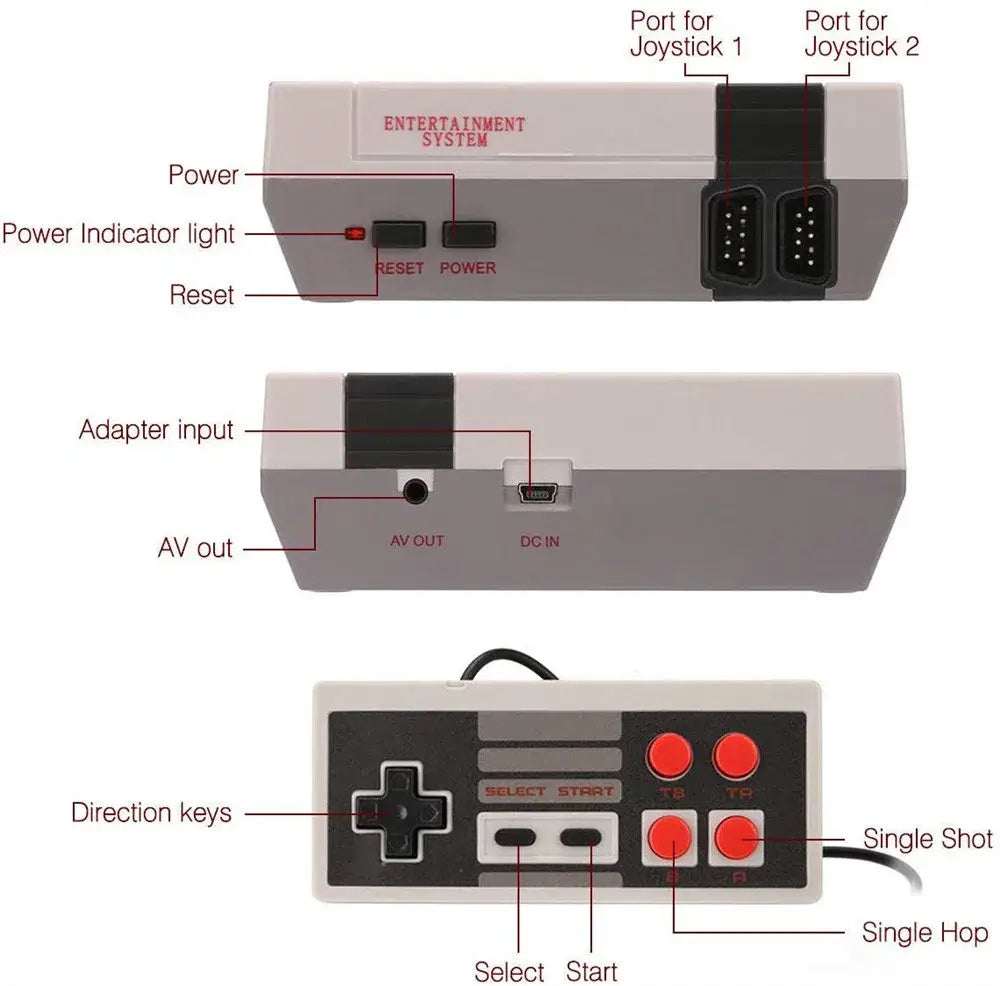 Gray and black retro-style Nintendo Entertainment System console with matching controller featuring red buttons in the 620 Retro Video Game Console with 2 Controllers set.