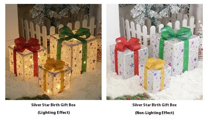 led christmas gift box set featuring silver boxes with glittering star patterns and colorful ribbons in red green and gold.
