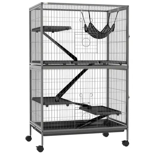 Jaula para hurones pequeños de 5 niveles con estructura de metal gris, plataformas de plástico negro y una hamaca colgante para la comodidad y la actividad de la mascota.