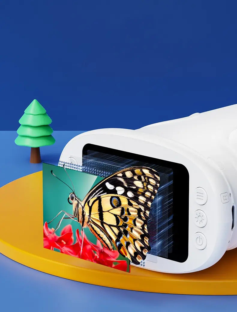 white handheld photo printer with glossy screen displaying a vibrant yellow and black butterfly on red flowers featured in kids microscope 50-1000x digital handheld toy product.