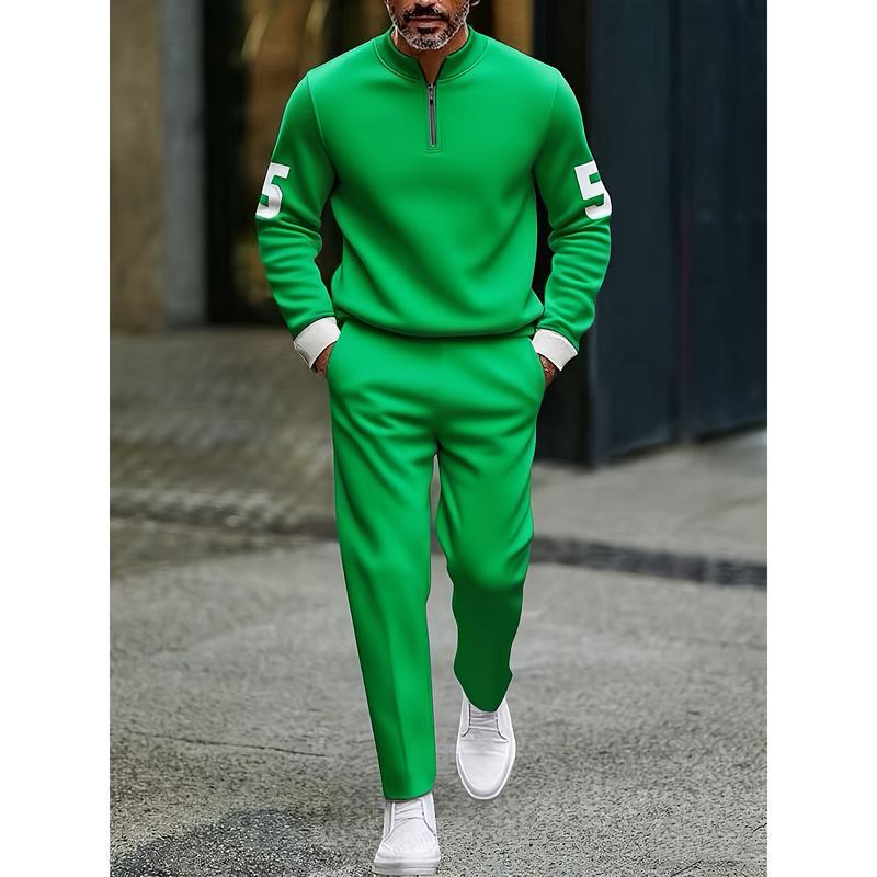 Vibrant green half zip athletic sweatsuit printed set with white number 5 on each sleeve and matching pants designed for active wear.