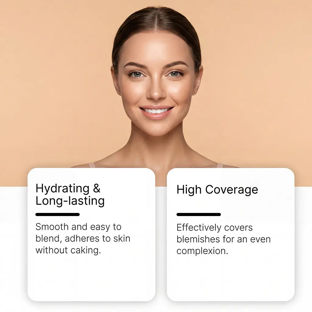 A woman with smooth radiant skin and a gentle smile showcasing foundation stick Zephoco natural concealing makeup for flawless coverage.