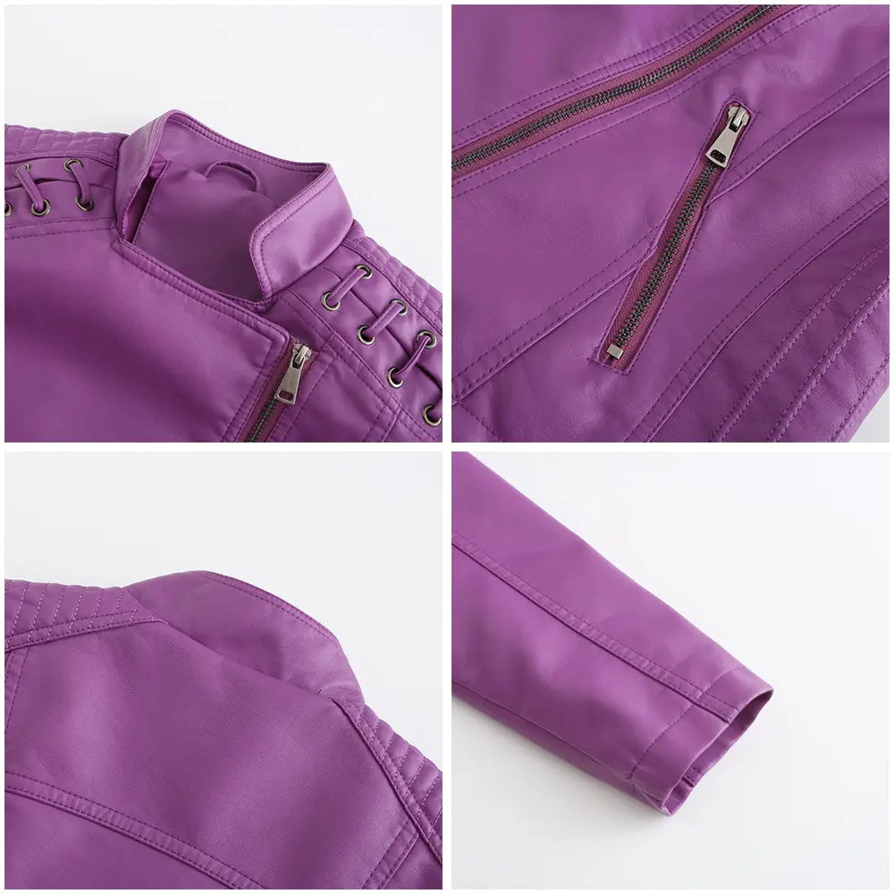 Damen-Slim-Fit-Faux-Leder-Motorradjacke in Lila mit silbernen Reißverschlüssen und Schnürkragen-Details.