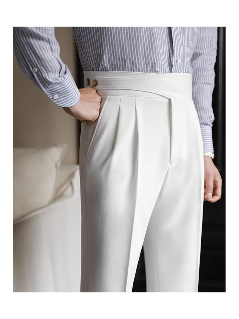men’s tailored pleated wool straight leg trousers in white featuring a high waist and gold-tone button detail