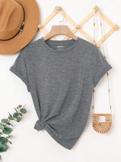 Gray heathered cotton velvet short sleeve casual tee with a round neckline and front tie detail.