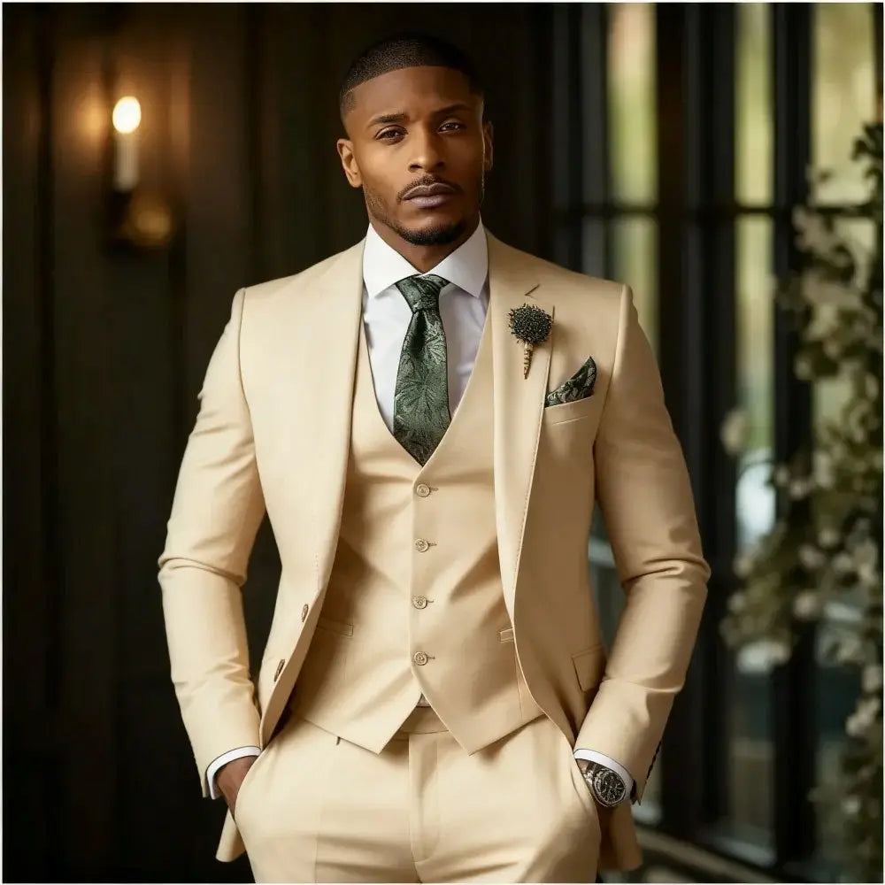 Men slim fit three piece suit in beige with matching vest and trousers featuring a tailored fit and subtle sheen.