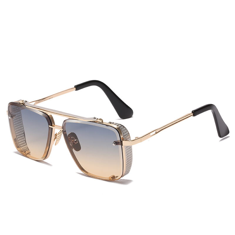 Gold-toned retro metal mesh aviator sunglasses with uv400 gradient brown to clear lenses and mesh-patterned side guards.