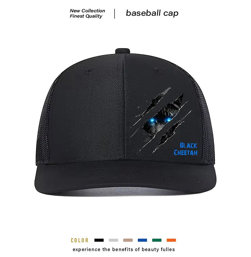 Black baseball cap made of polyester featuring a striking graphic of glowing blue eyes peeking through torn fabric and bold blue embroidered black cheetah lettering ideal for casual wear.