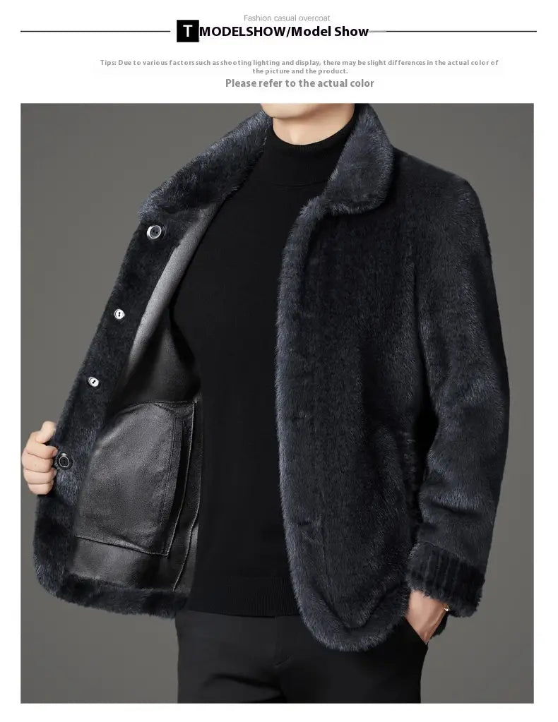 Black faux fur winter coat for men with a plush textured exterior and contrasting leather accents on the pockets