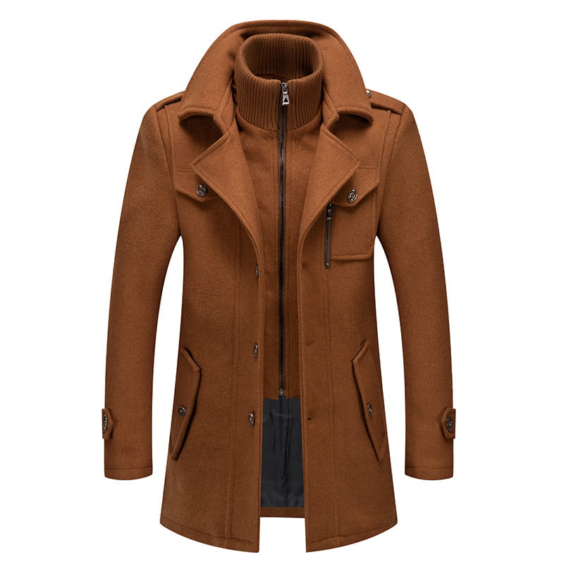 Men’s thermal woolen jacket in brown wool with a high collar and front zipper designed for warmth.