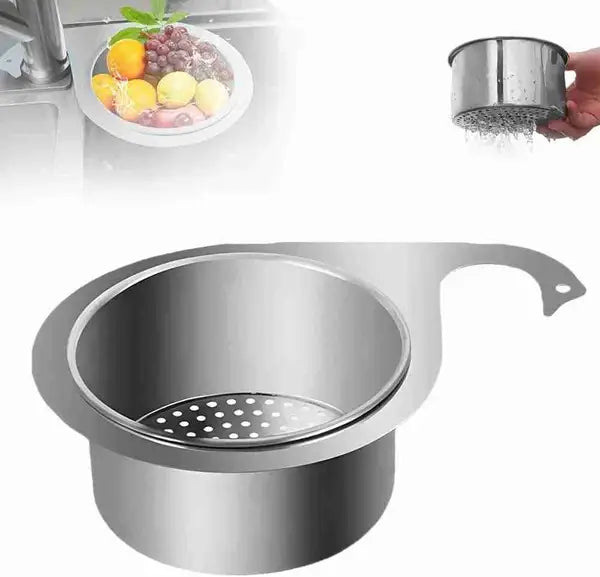 stainless steel swan sink strainer basket filter with a perforated base and curved handle in silver stainless steel