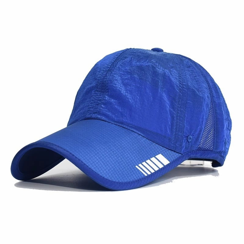 A vibrant royal blue quick-drying running sports sun cap with a mesh back and white striped detailing on the brim.