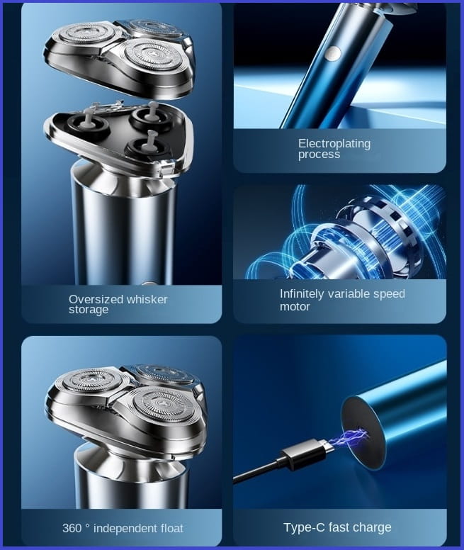 Rasoir électrique pour homme à triple tête, rasoir portable en bleu et argent, avec trois lames rotatives, finition plaquée électro et port de charge rapide type-c.