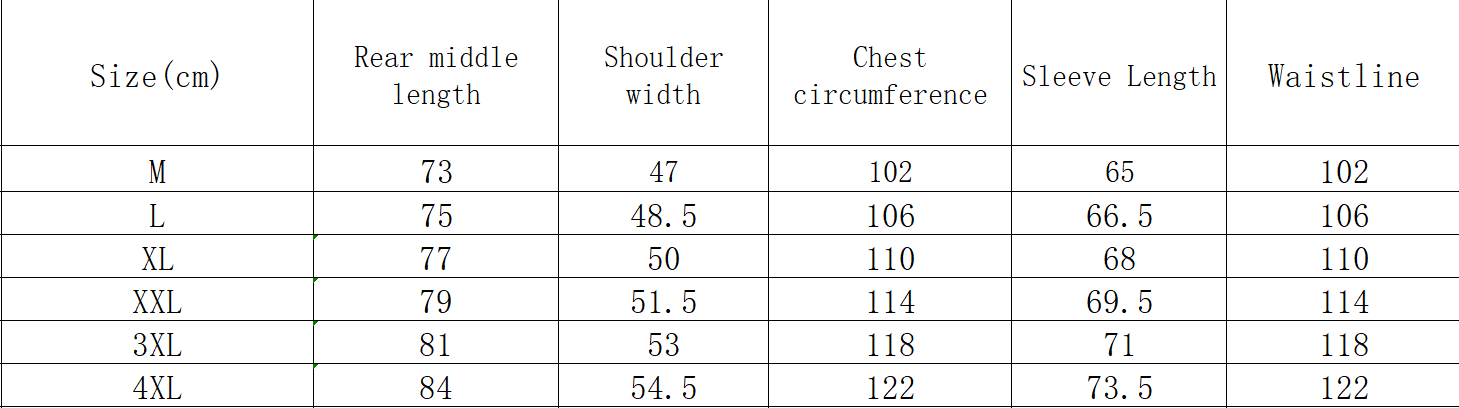 The table displays size measurements for a men’s quilted down parka with fur lined detachable hood listing rear middle length shoulder width chest circumference sleeve length and waistline across sizes M through 4XL.