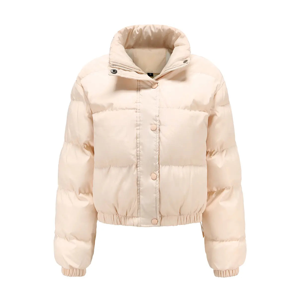 Veste doudoune matelassée en coton pour femmes de couleur crème, dotée d’un col haut et de fermetures à boutons, conçue comme vêtement extérieur ample et décontracté.