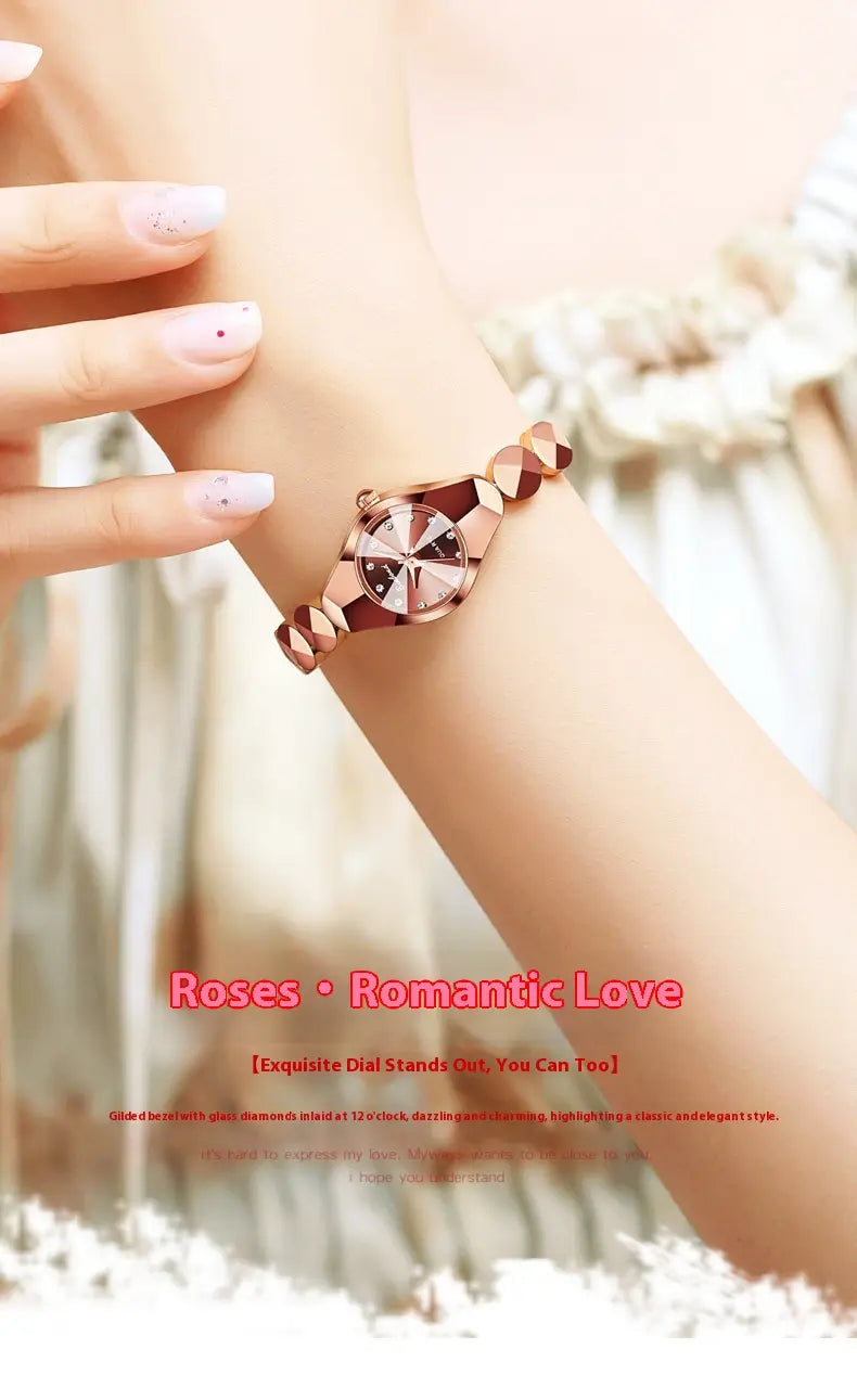 Luxe geometric faceted bracelet watch for women with a rose gold case, deep brown leather strap, and diamond accents on the dial.