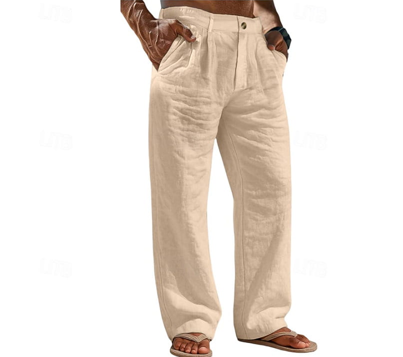 Pantalones de algodón y lino color beige para hombre, con ajuste relajado, con parte delantera plisada y corte de pierna recta.