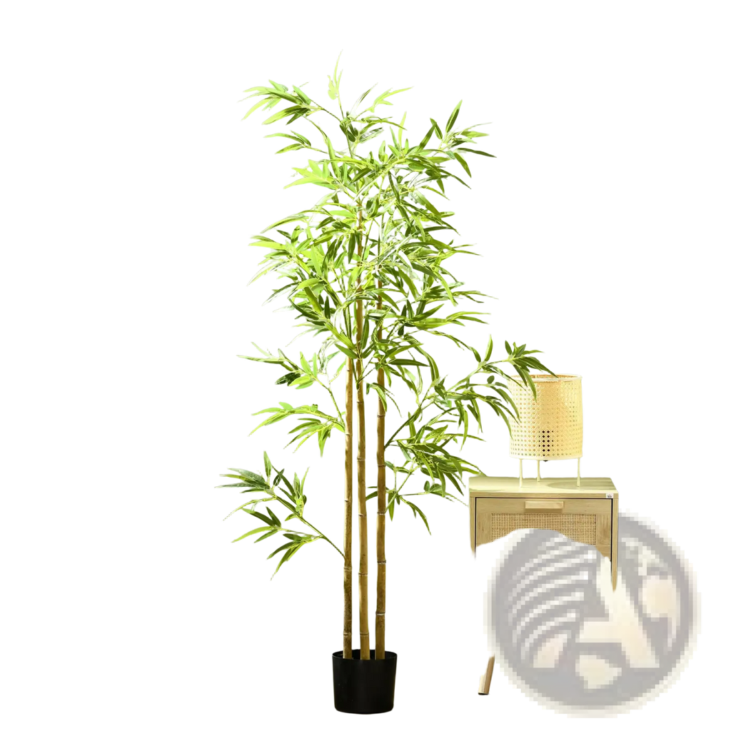 6ft artificial bamboo tree with slender green leaves and brown stalks in a sleek black indoor potted faux plant