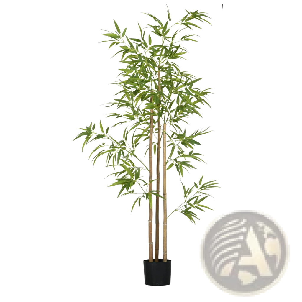 Five-foot artificial bamboo plant with slender green leaves and brown stalks in a sleek black indoor pot