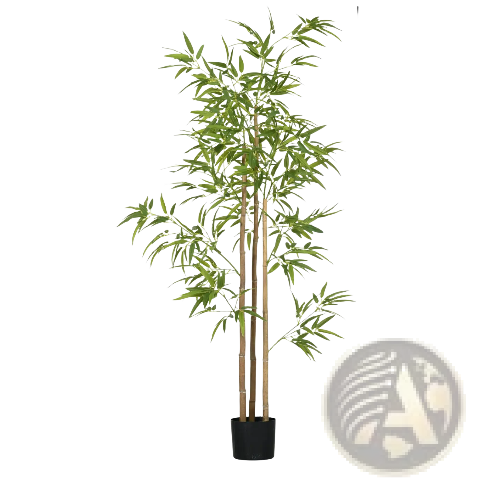 Five-foot artificial bamboo plant with slender green leaves and brown stalks in a sleek black indoor pot