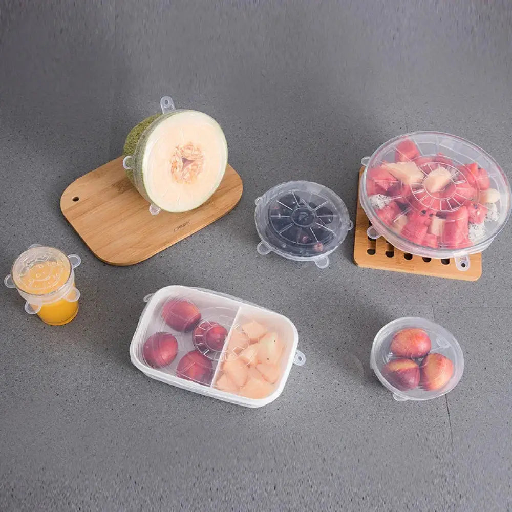 Clear silicone food storage covers with flexible elastic edges and small loop handles 6-pack reusable stretch lids