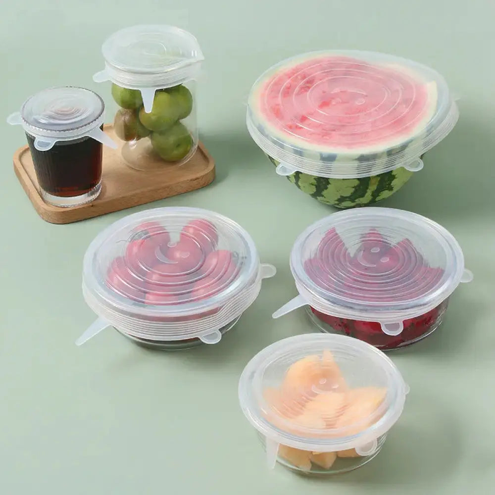 6-pack reusable clear silicone stretch lids with white plastic tabs for food storage on glass and plastic containers