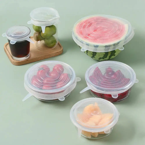 6-pack reusable clear silicone stretch lids with white plastic tabs for food storage on glass and plastic containers