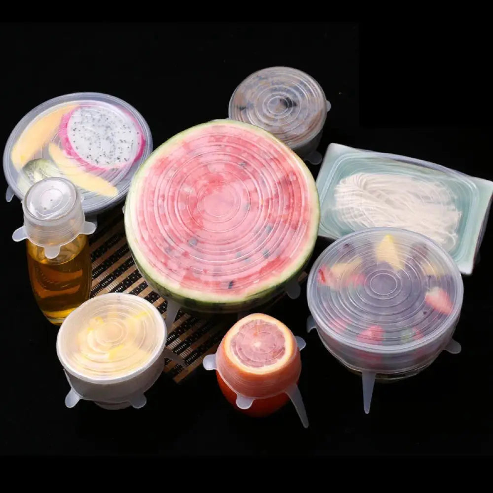 6-pack reusable clear silicone stretch lids with flexible footed bases designed to seal containers and food items