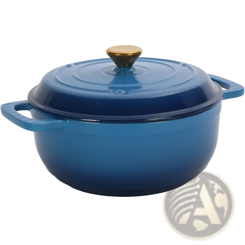 6qt blue enameled cast iron dutch oven with gold knob and two side handles shown with silicone gloves