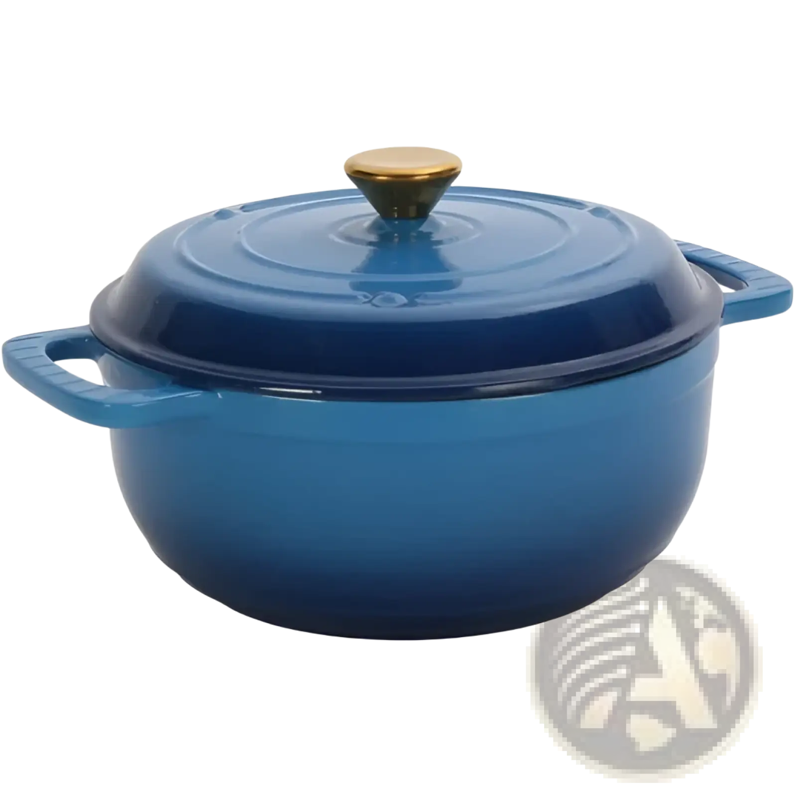 6qt blue enameled cast iron dutch oven with gold knob and two side handles shown with silicone gloves