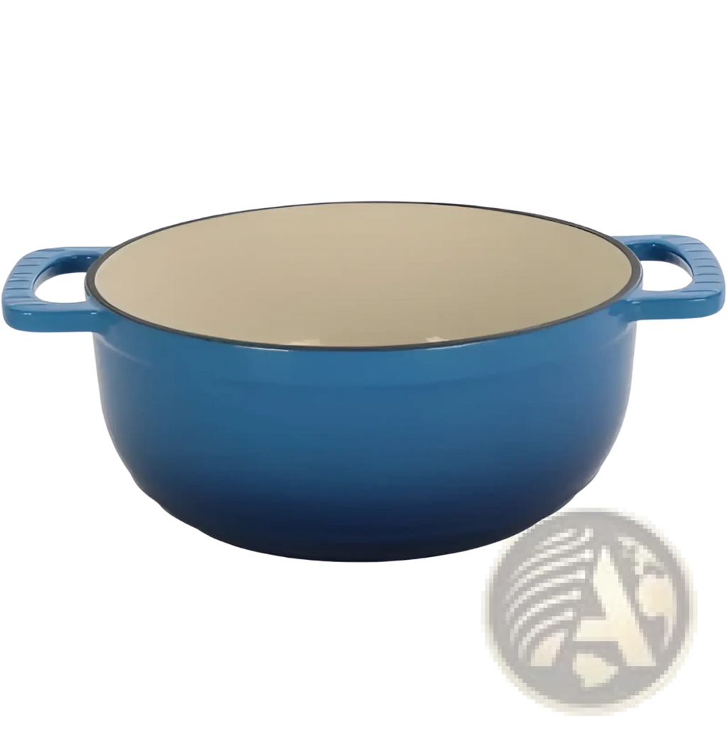 Blue enameled cast iron 6qt dutch oven with cream interior and looped handles includes silicone gloves for safe use