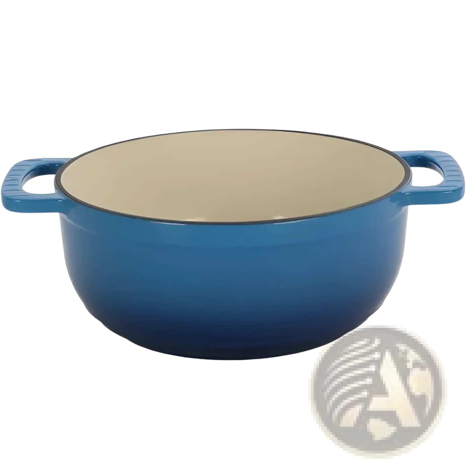 Blue enameled cast iron 6qt dutch oven with cream interior and looped handles includes silicone gloves for safe use