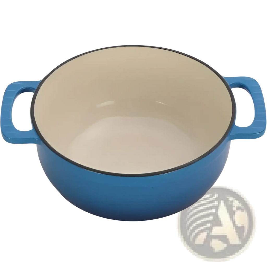6qt enameled cast iron dutch oven in blue with cream interior and black rim including silicone gloves