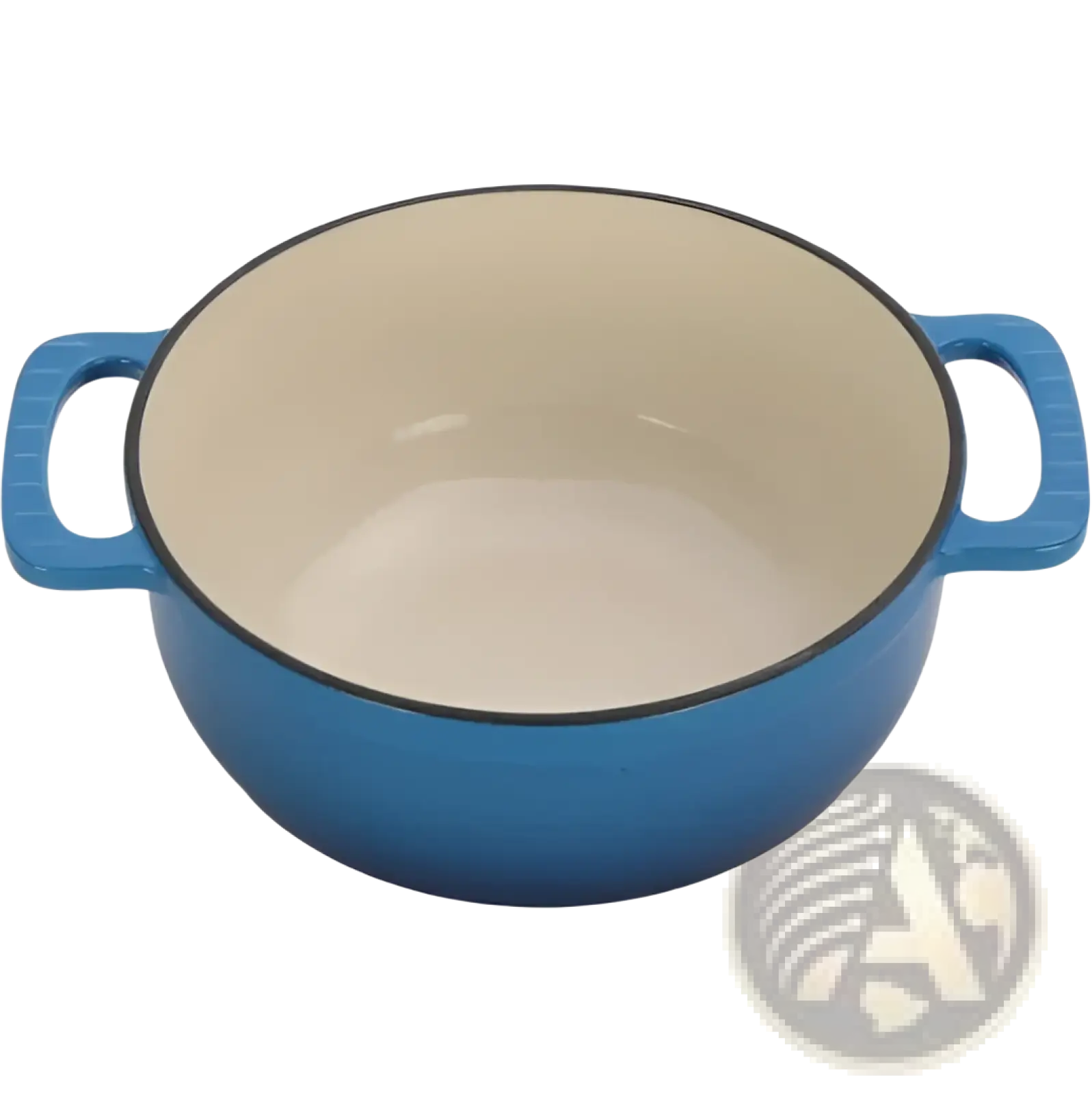 6qt enameled cast iron dutch oven in blue with cream interior and black rim including silicone gloves