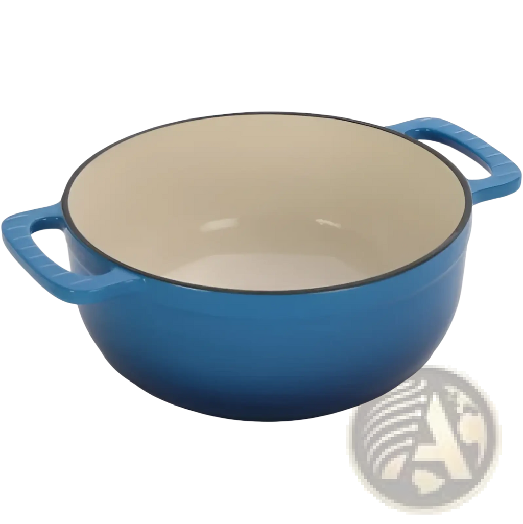 6qt enameled cast iron dutch oven in blue with cream interior and black rim includes silicone gloves