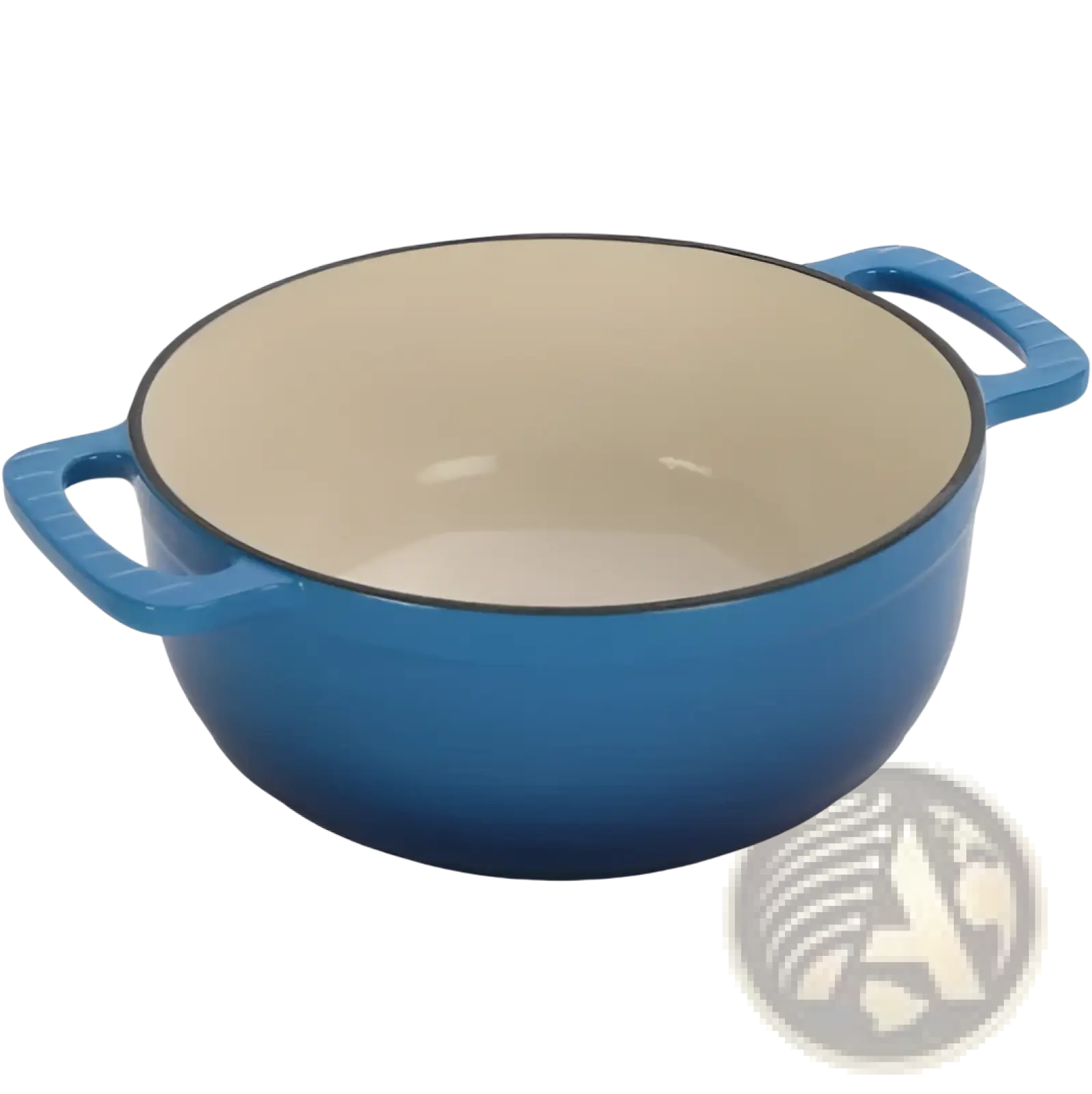 6qt enameled cast iron dutch oven in blue with cream interior and black rim includes silicone gloves