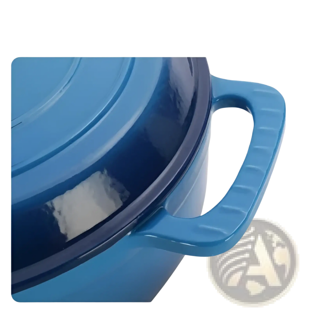 6qt blue enameled cast iron dutch oven with ergonomic side handles and included silicone gloves for safe handling