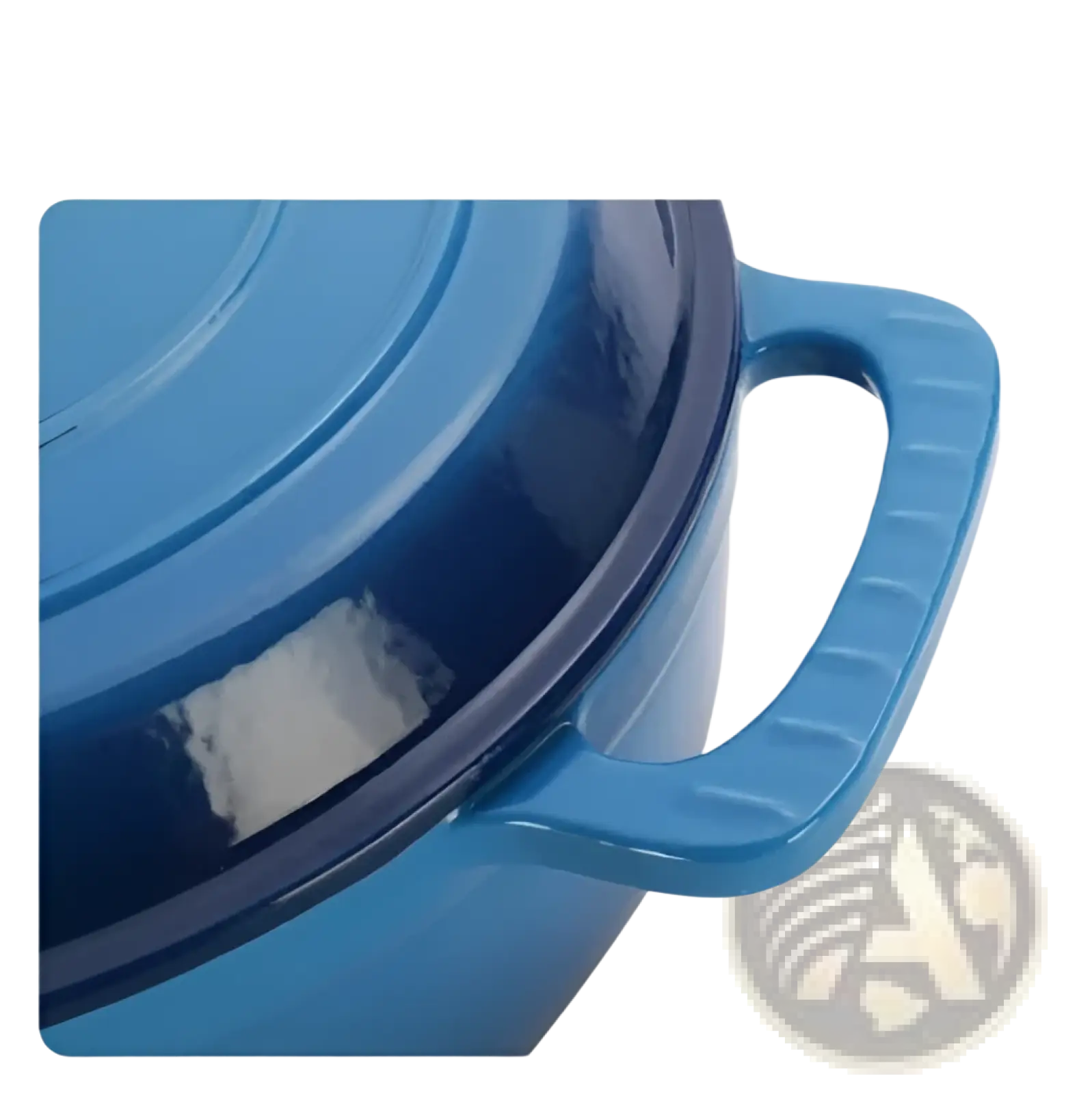 6qt blue enameled cast iron dutch oven with ergonomic side handles and included silicone gloves for safe handling