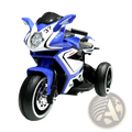 Blue and white 6v kids electric ride on motorcycle with black accents featuring a sleek sporty design