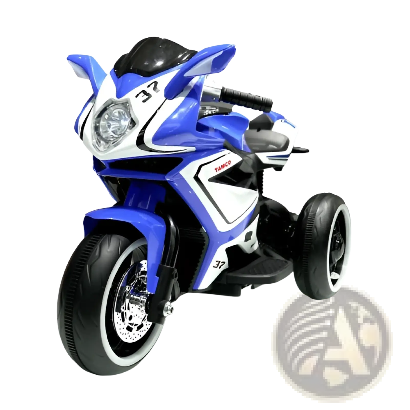 Blue and white 6v kids electric ride on motorcycle with black accents featuring a sleek sporty design