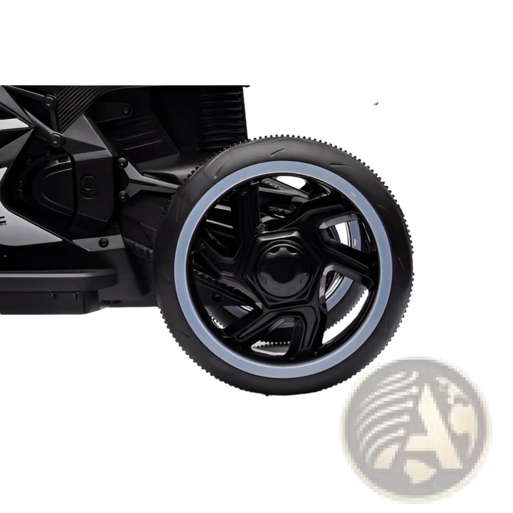 Black 6v kids electric ride on motorcycle in red with glossy finish and silver-rimmed wheels shown from the back side